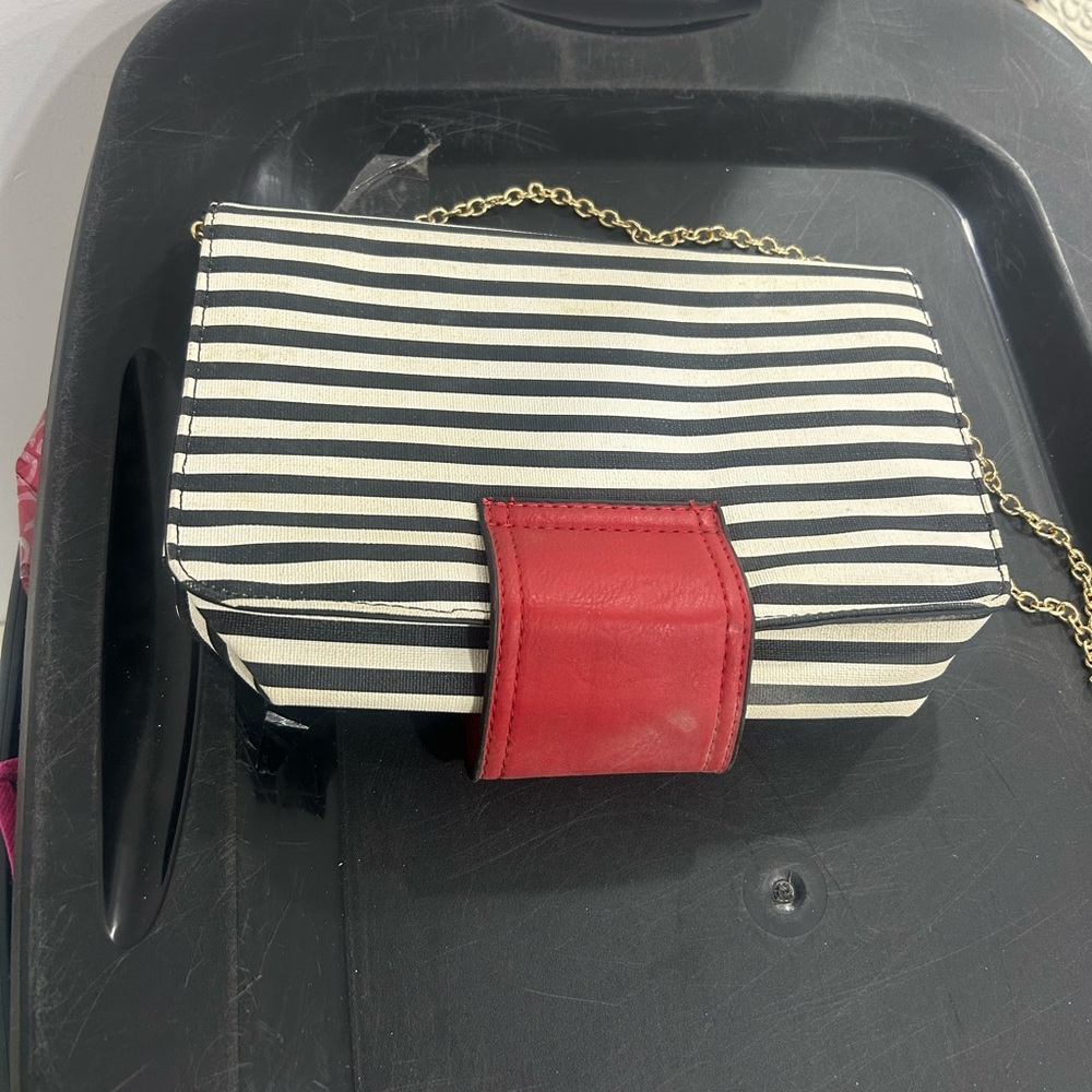 Striped Black and White Women's Bag with Red Accent